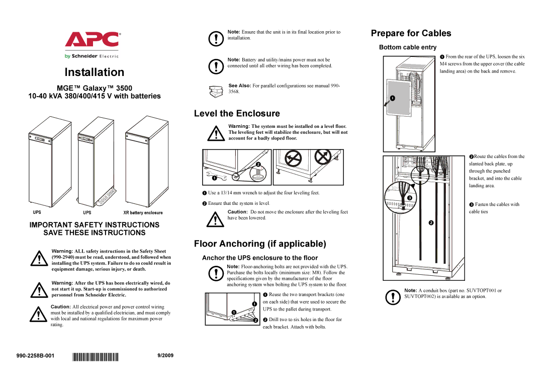 APC 990-2258B-001 important safety instructions Prepare for Cables, Level the Enclosure, Floor Anchoring if applicable 