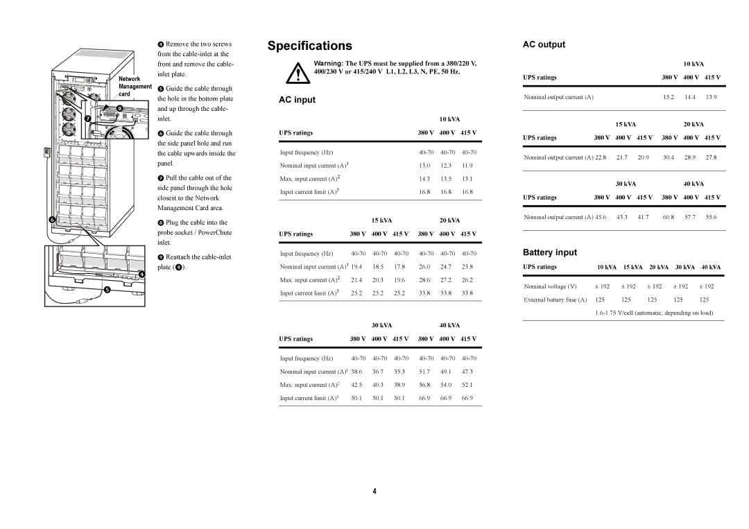 APC 990-2258B-001 Specifications, AC input, AC output, Battery input,  Reattach the cable-inlet plate  