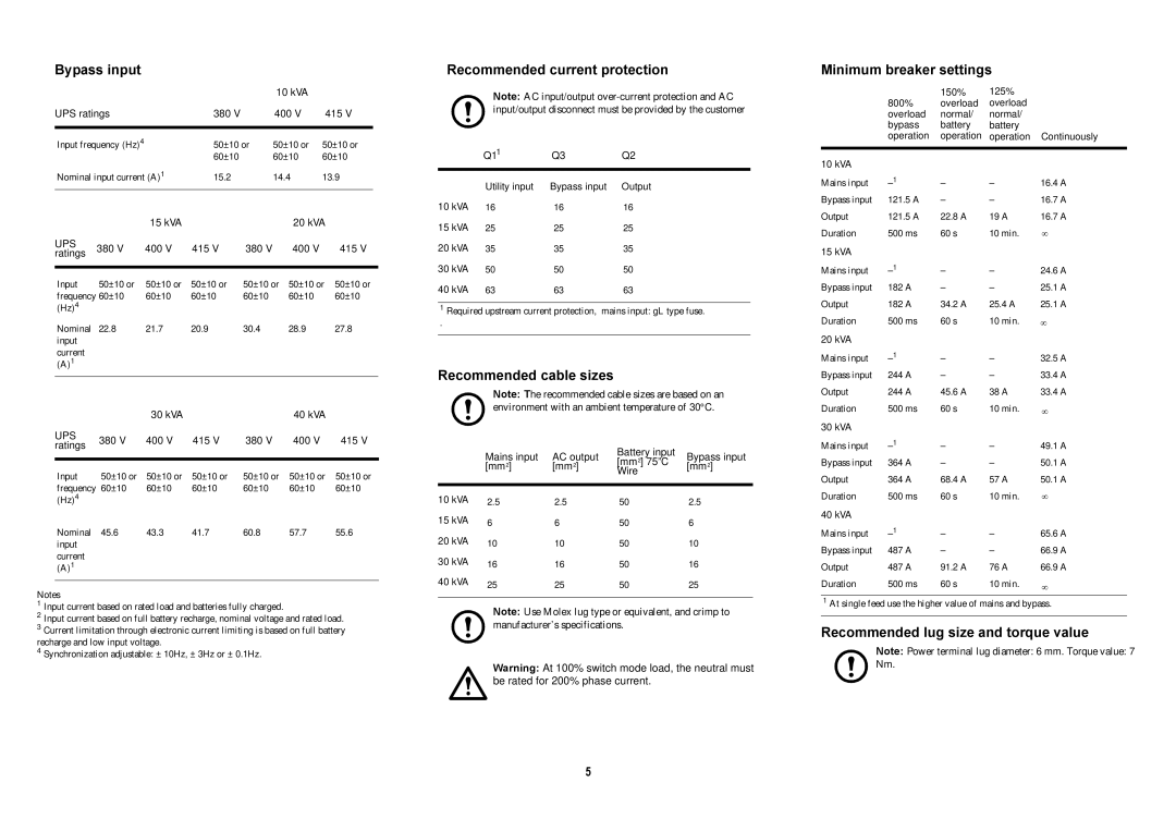 APC 990-2258B-001 Bypass input, Recommended current protection, Recommended cable sizes, Minimum breaker settings 