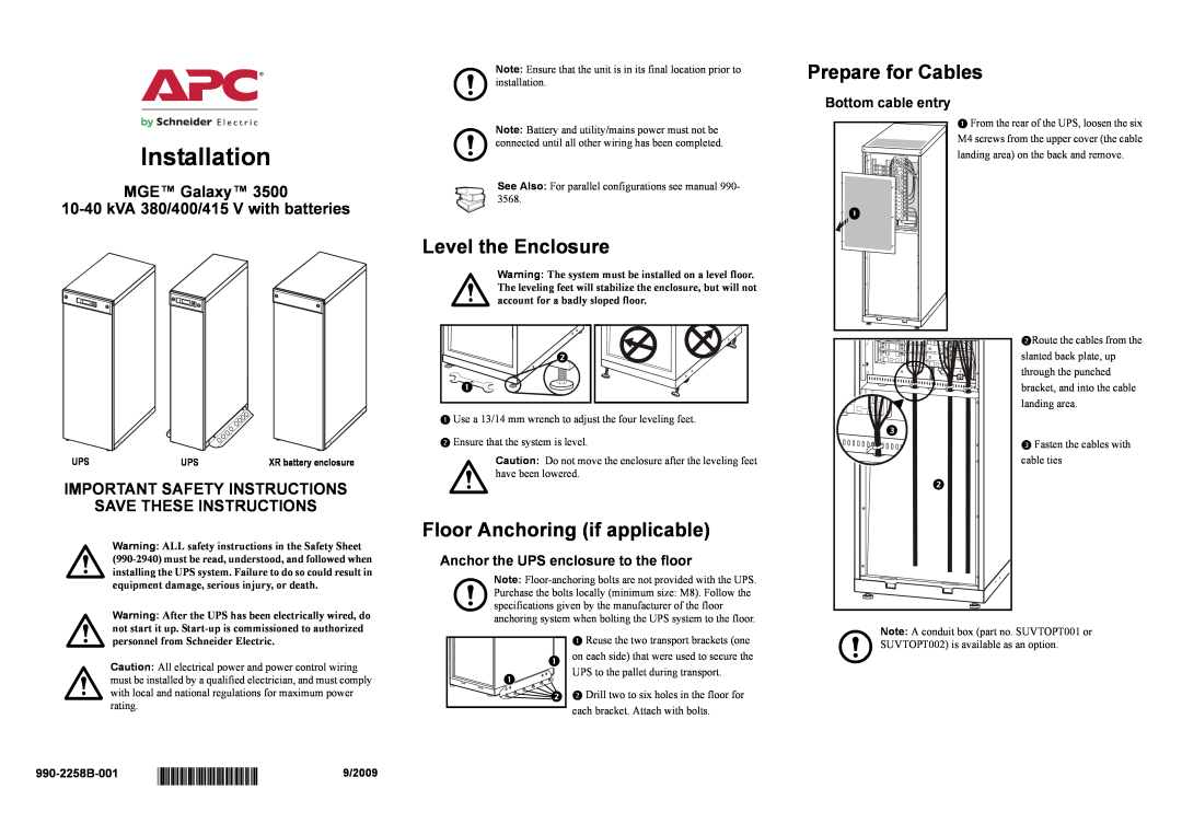 APC 990-2258B-001 important safety instructions Prepare for Cables, Level the Enclosure, Floor Anchoring if applicable 
