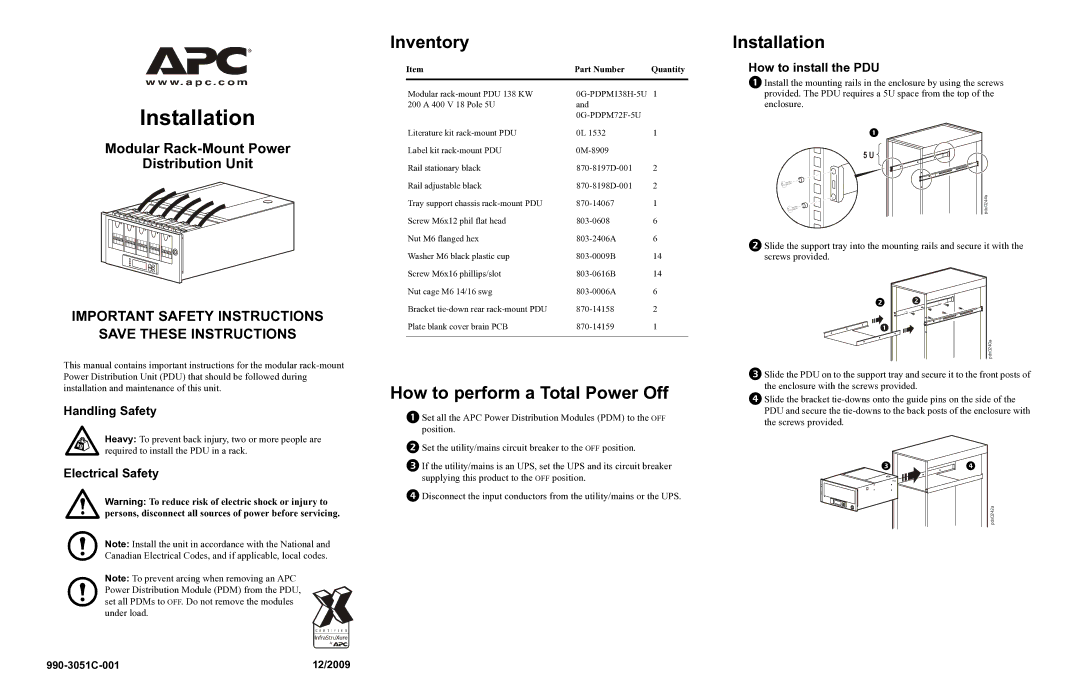 APC 990-3051C-001 important safety instructions Inventory, How to perform a Total Power Off, Installation 