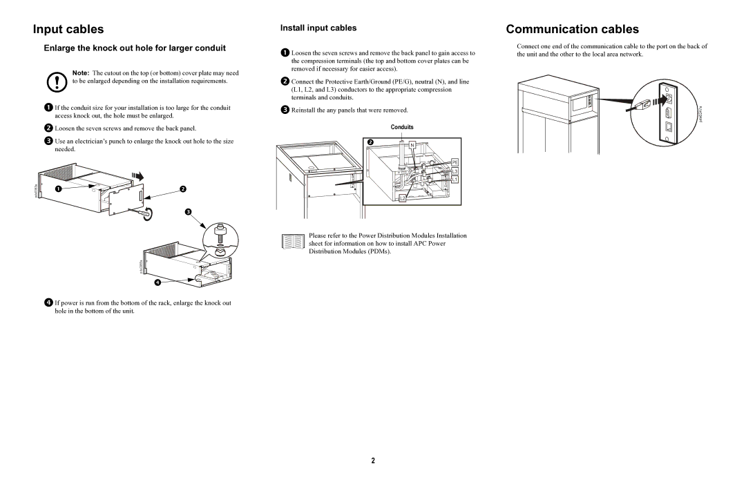 APC 990-3051C-001 Input cables, Communication cables, Enlarge the knock out hole for larger conduit, Install input cables 