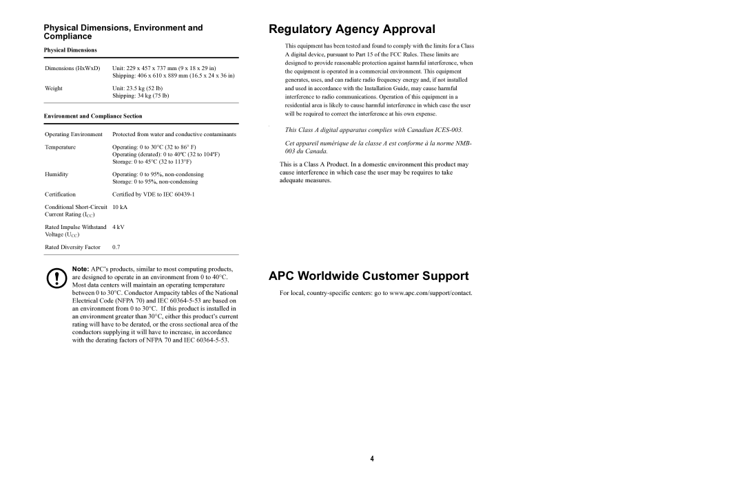 APC 990-3051C-001 Regulatory Agency Approval, APC Worldwide Customer Support, Physical Dimensions 