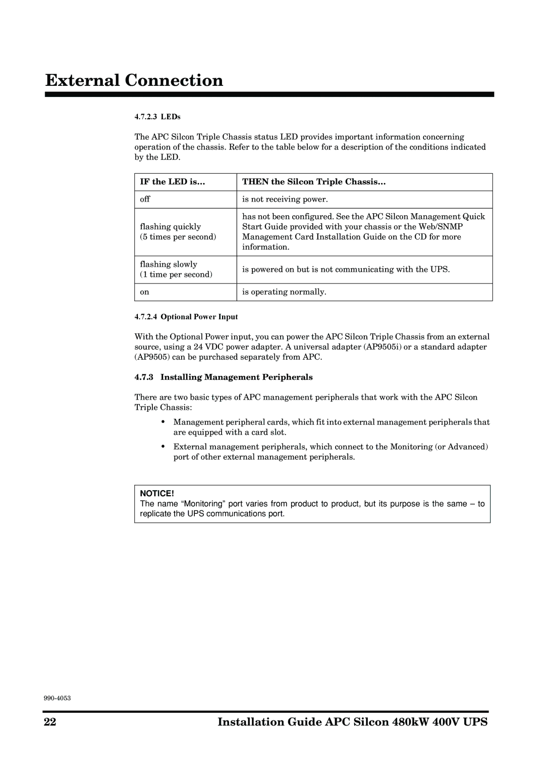APC 990-4053 LEDs, If the LED is… Then the Silcon Triple Chassis…, Optional Power Input, Installing Management Peripherals 