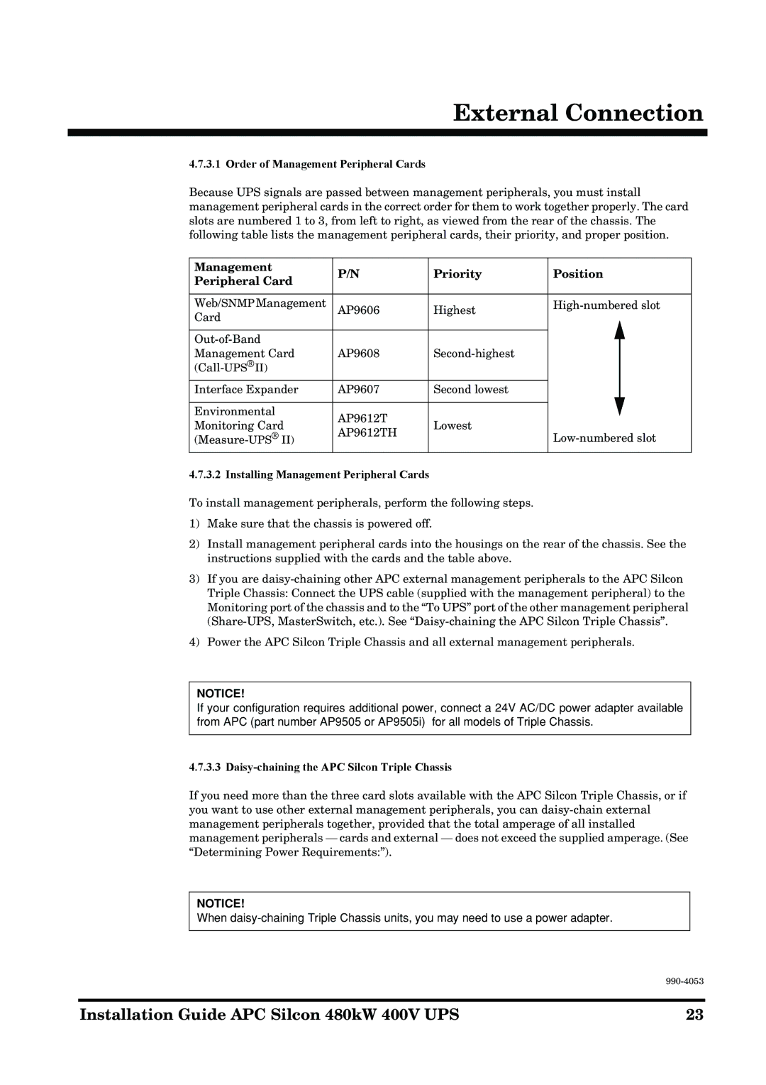 APC 990-4053 manual Order of Management Peripheral Cards, Management Priority Position Peripheral Card 