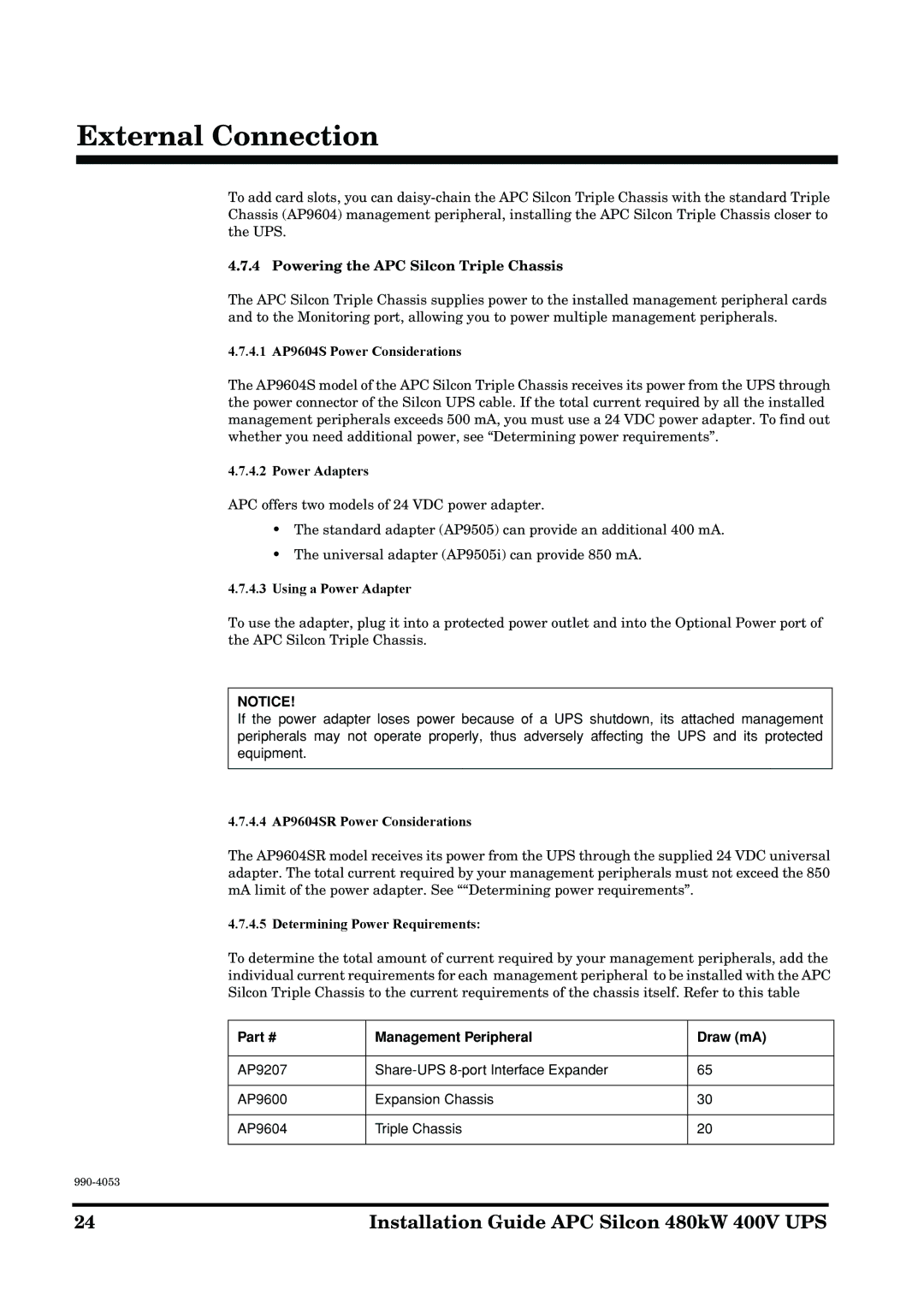 APC 990-4053 manual Management Peripheral Draw mA 