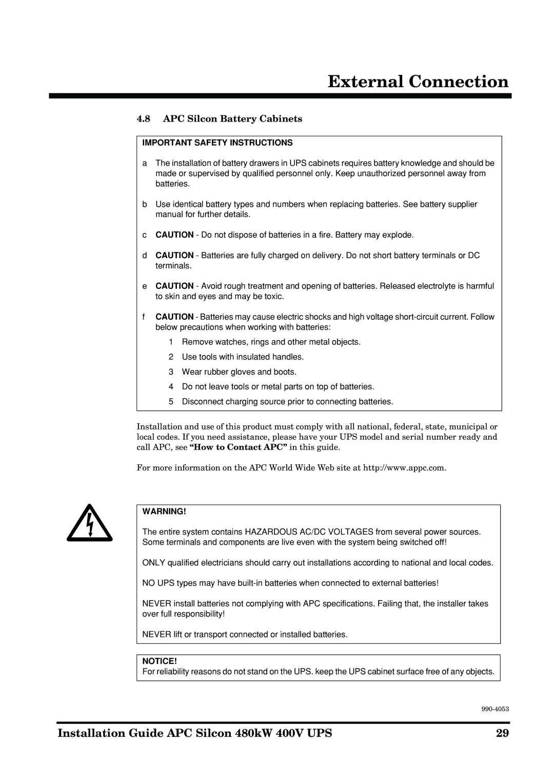 APC 990-4053 manual APC Silcon Battery Cabinets, Important Safety Instructions 