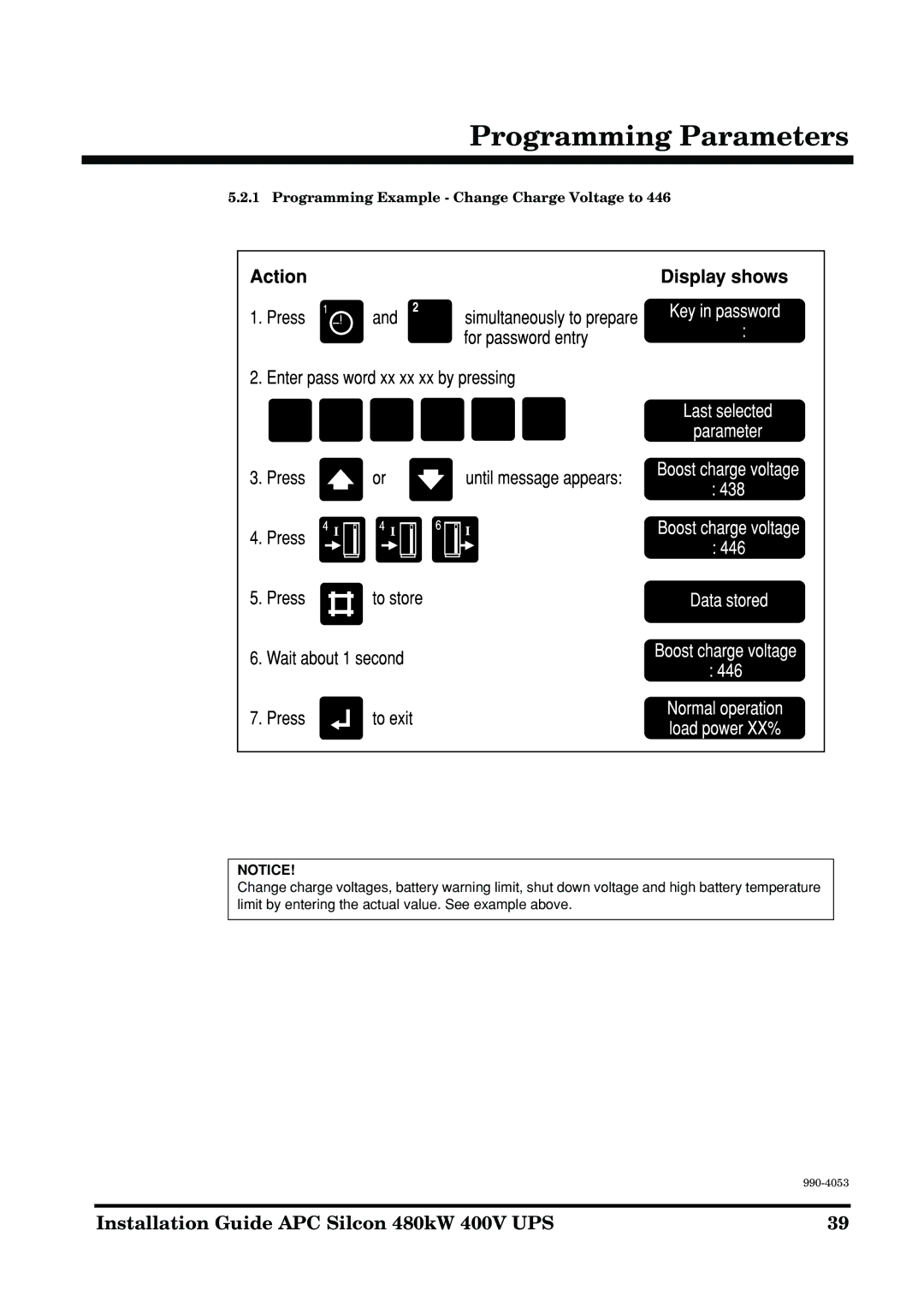 APC 990-4053 manual Programming Example Change Charge Voltage to 