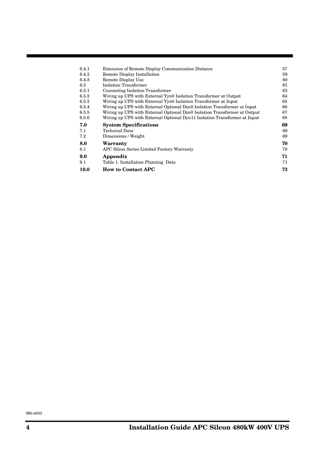 APC 990-4053 manual System Specifications, Warranty, Appendix, How to Contact APC 