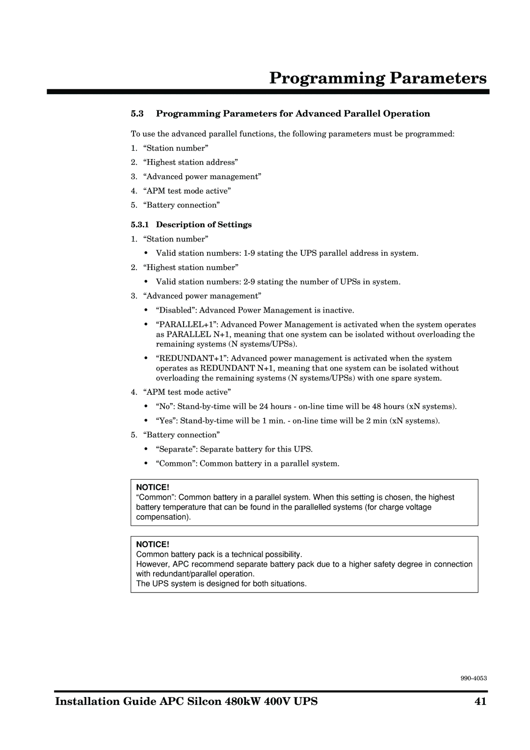 APC 990-4053 manual Programming Parameters for Advanced Parallel Operation, Description of Settings 