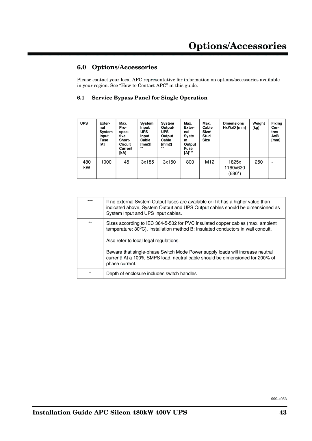 APC 990-4053 manual Options/Accessories, Service Bypass Panel for Single Operation, 480 1000 3x185 3x150 800 M12 1825x 250 