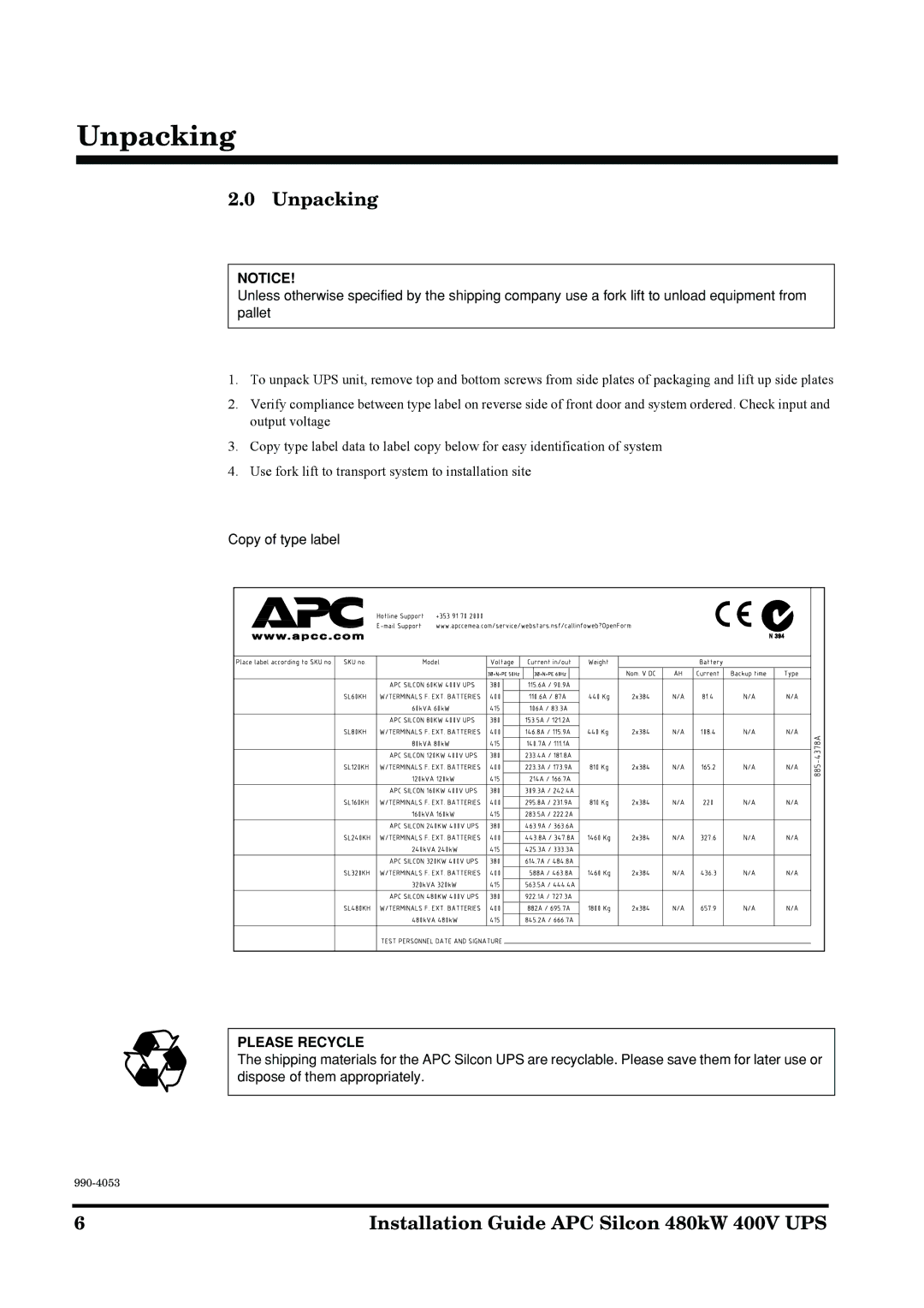 APC 990-4053 manual Unpacking 