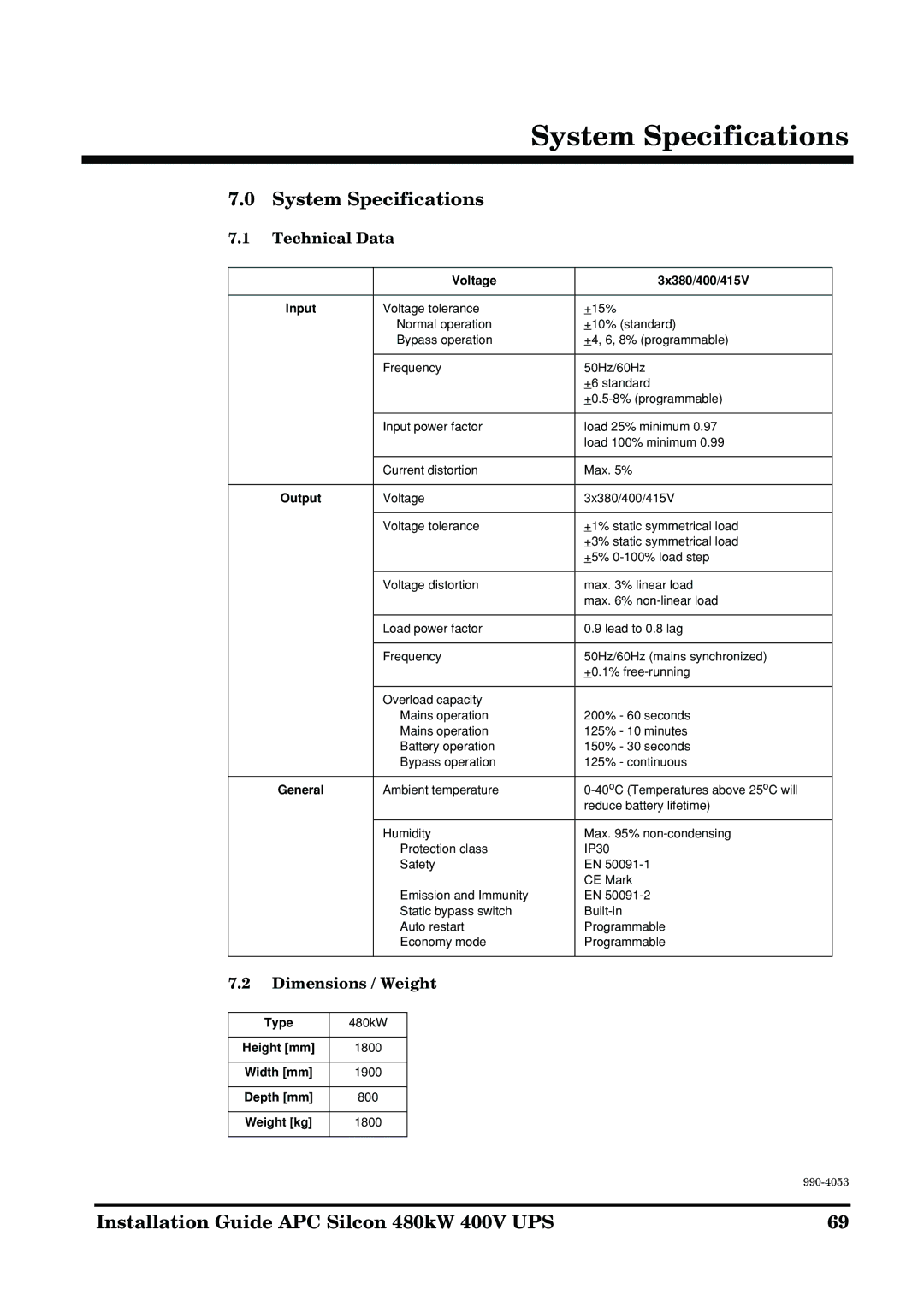 APC 990-4053 manual System Specifications, Technical Data, Dimensions / Weight 