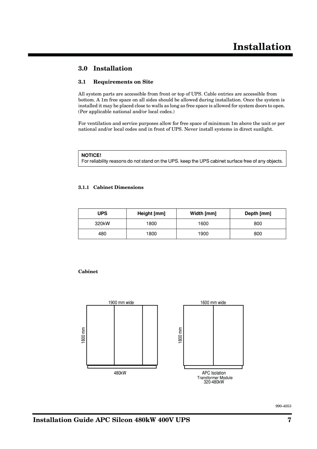 APC 990-4053 manual Installation, Requirements on Site, Height mm Width mm Depth mm 