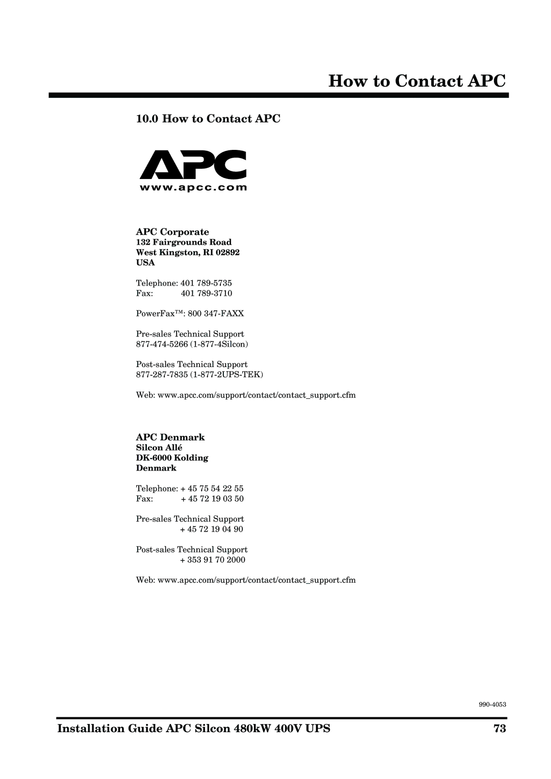 APC 990-4053 manual How to Contact APC, APC Corporate, APC Denmark 