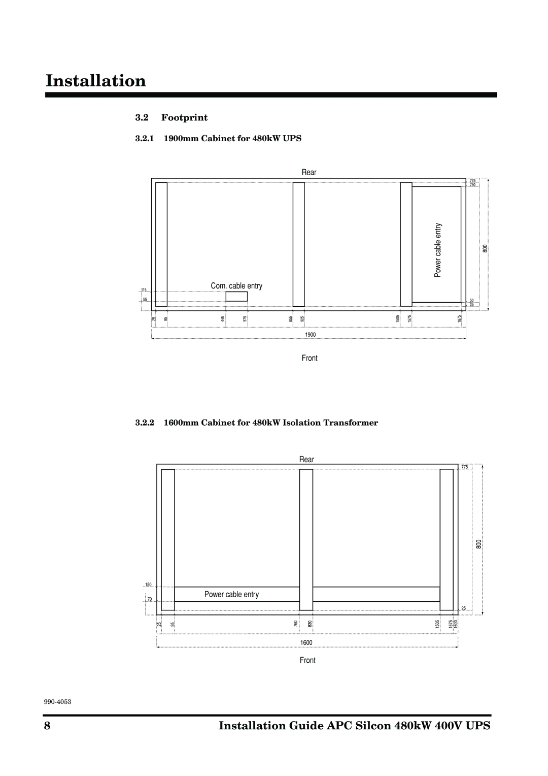 APC 990-4053 manual Footprint, 1 1900mm Cabinet for 480kW UPS, 2 1600mm Cabinet for 480kW Isolation Transformer, Front 