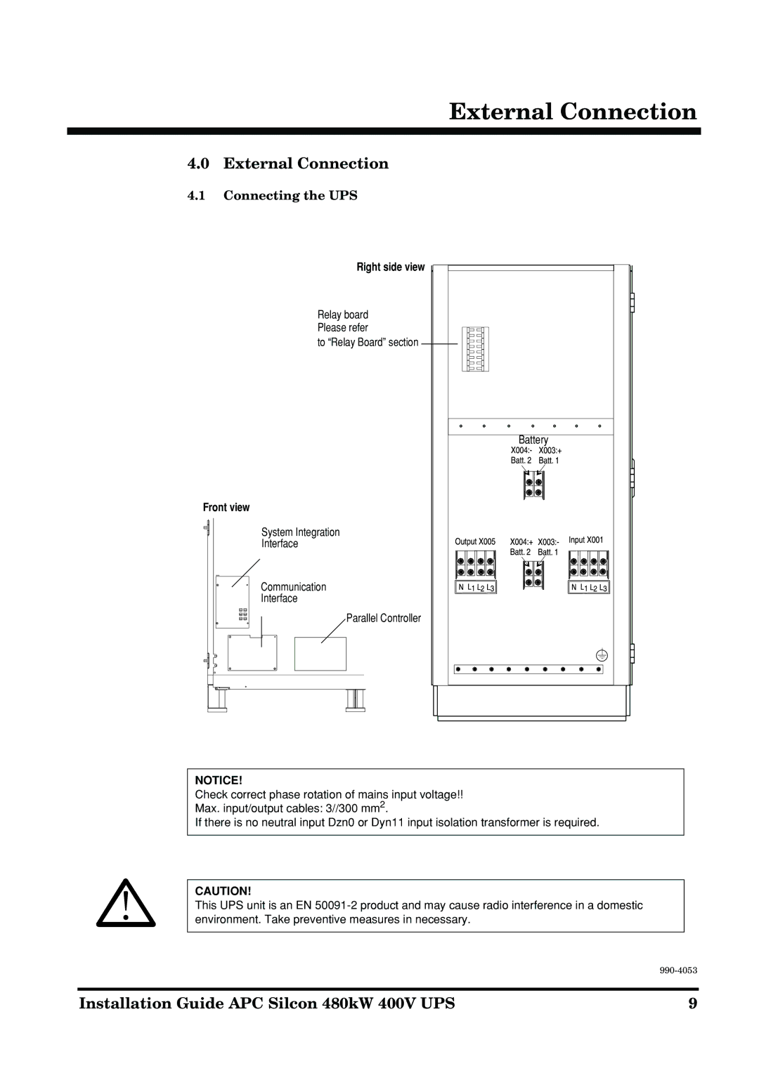 APC 990-4053 manual External Connection, Connecting the UPS, Right side view, Front view 