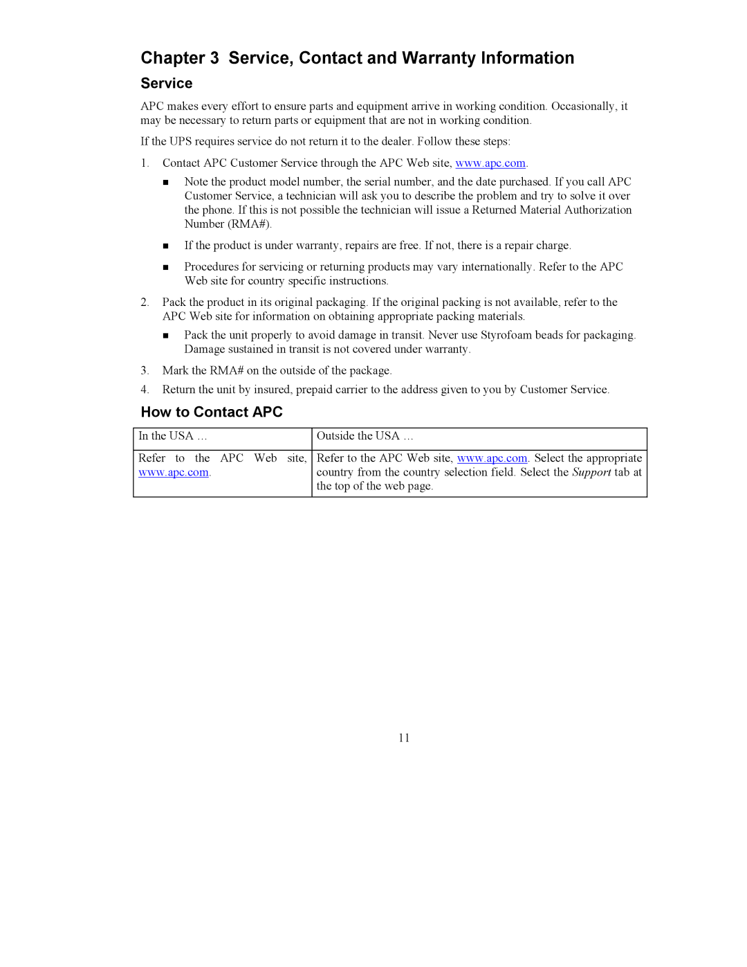 APC 990-5520B user manual Service, Contact and Warranty Information, How to Contact APC 