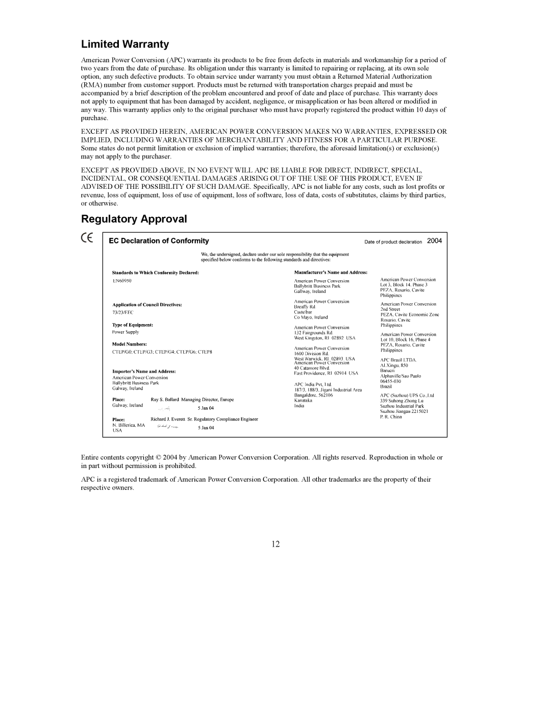 APC 990-5520B user manual Limited Warranty, Regulatory Approval 