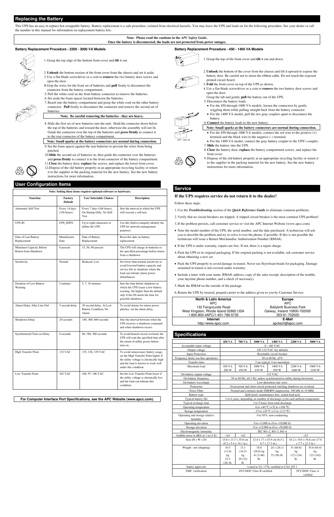 APC 990-7016B user manual Replacing the Battery, User Configuration Items, Service, Specifications 