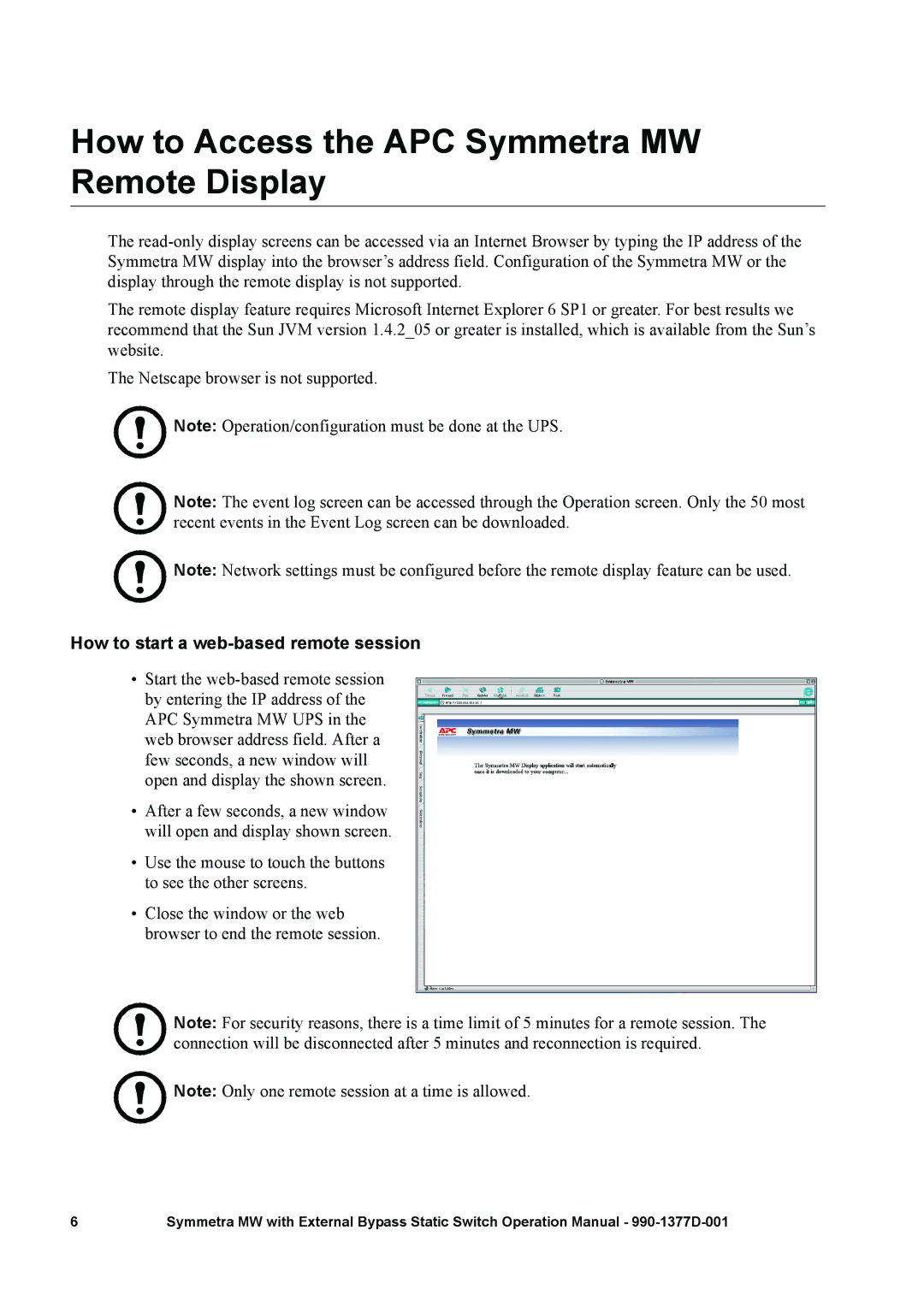 APC 990 manual How to Access the APC Symmetra MW Remote Display, How to start a web-based remote session 