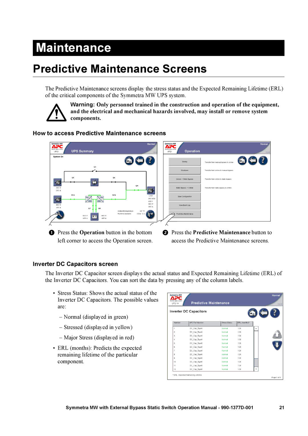 APC 990 Predictive Maintenance Screens, How to access Predictive Maintenance screens, Inverter DC Capacitors screen 