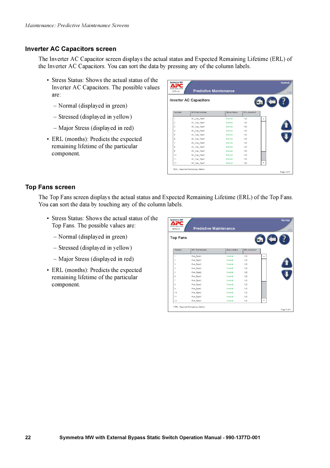 APC 990 manual Inverter AC Capacitors screen, Top Fans screen 