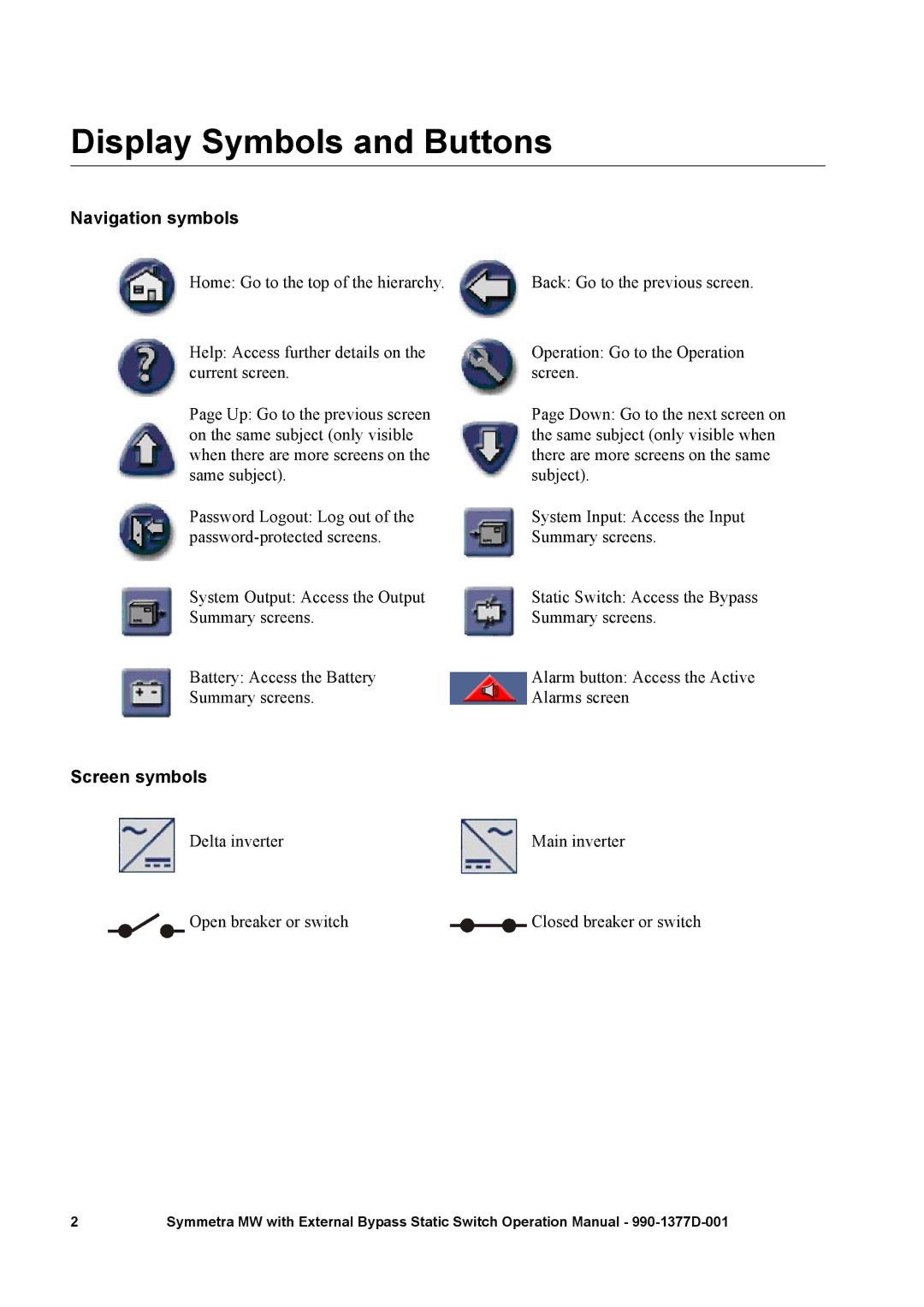 APC 990 manual Display Symbols and Buttons, Navigation symbols, Screen symbols 