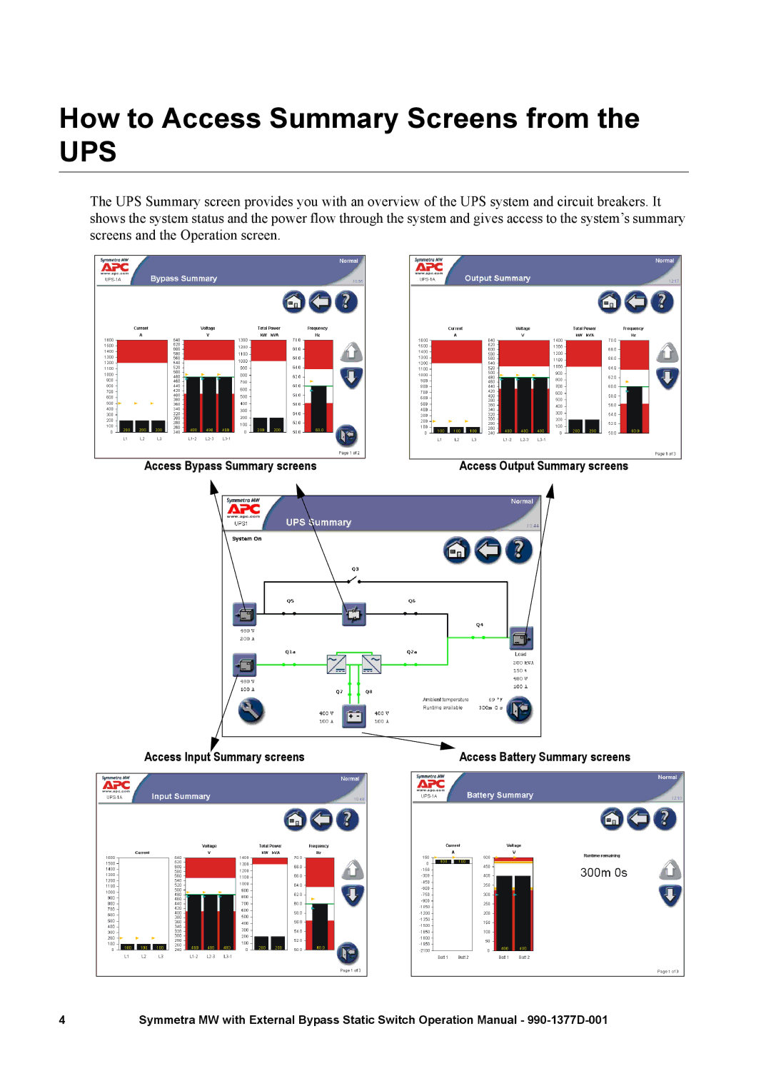 APC 990 manual How to Access Summary Screens from, Ups 