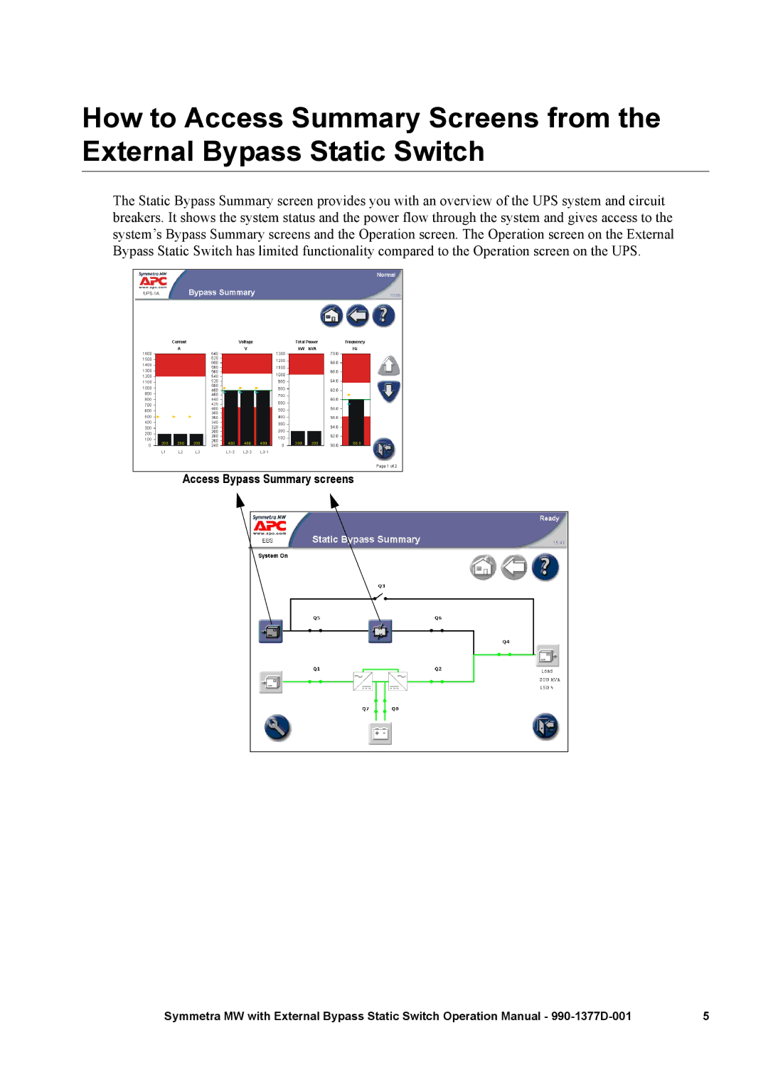 APC 990 manual Access Bypass Summary screens 