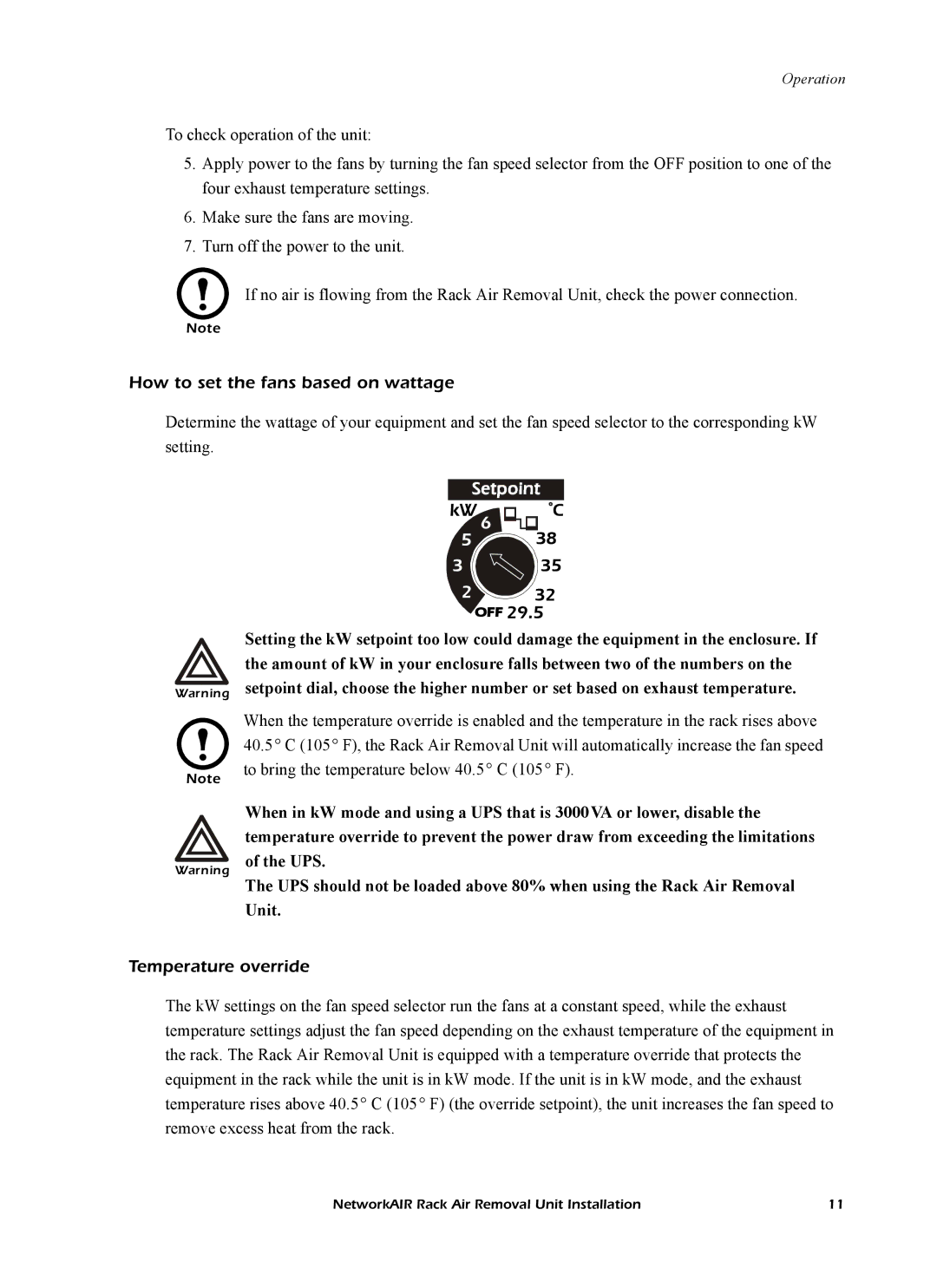 APC ACF102BLK manual How to set the fans based on wattage, Temperature override 