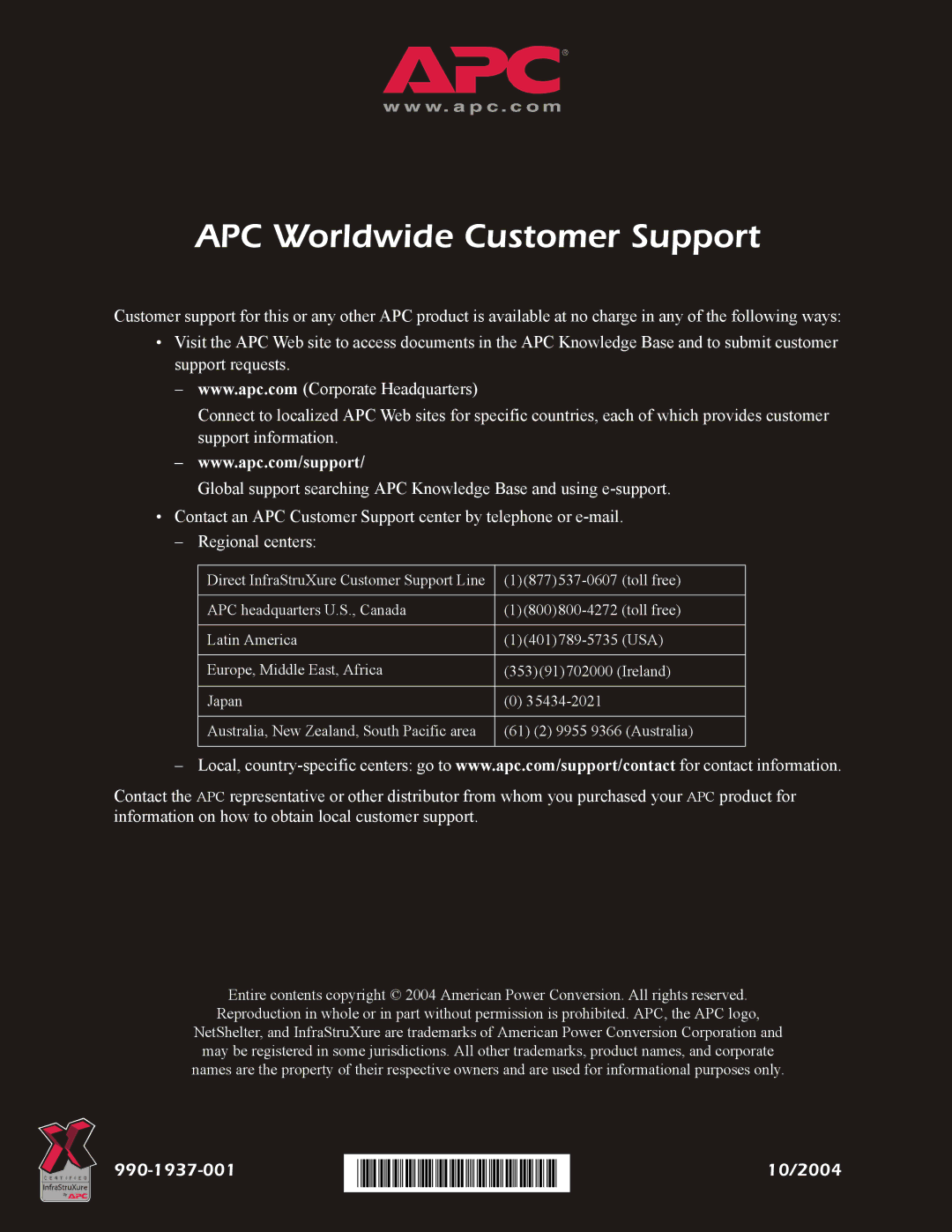 APC ACF202BLK quick start APC Worldwide Customer Support 