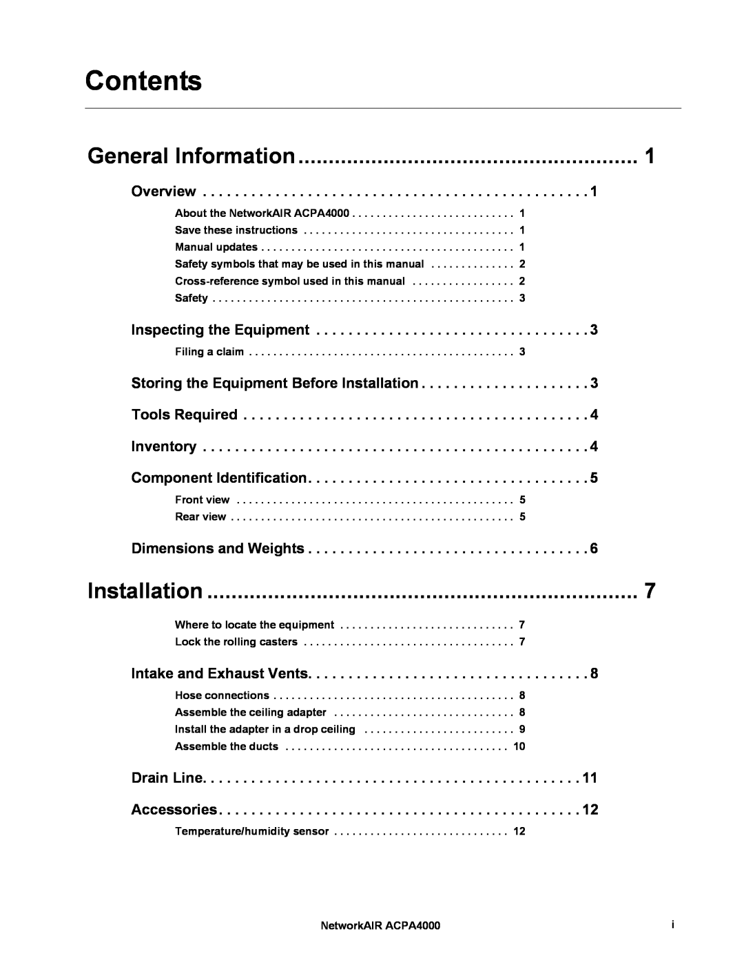 APC ACPA4000 manual General Information, Installation, Contents 