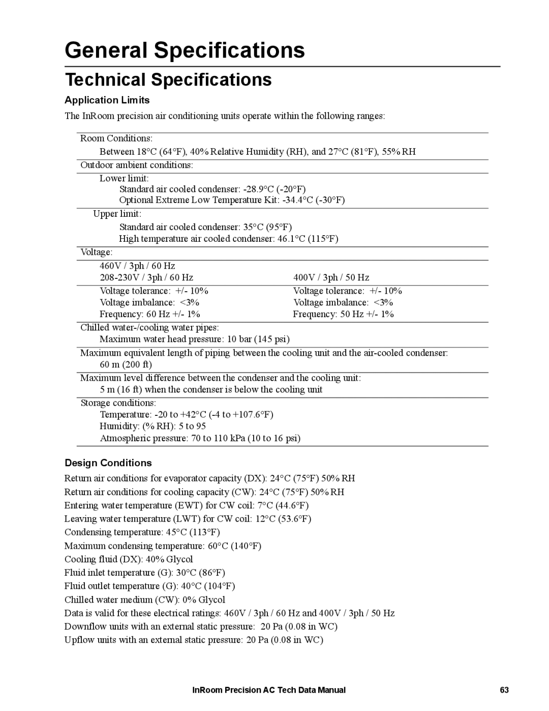 APC ACPCW40-150, ACPDX21-86 manual Technical Specifications, Application Limits, Design Conditions 