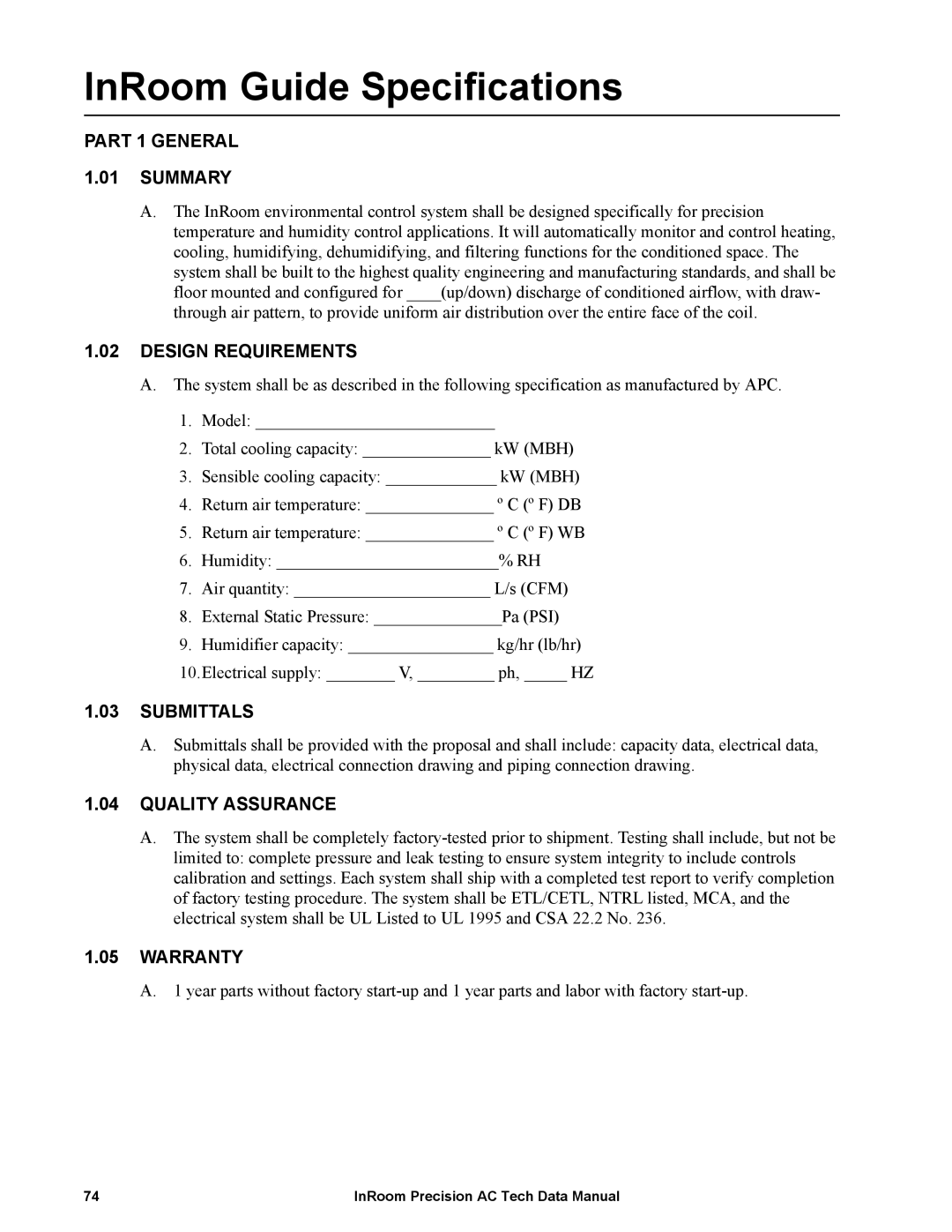 APC ACPDX21-86, ACPCW40-150 manual Part 1 General Summary, Design Requirements, Submittals, Quality Assurance, Warranty 