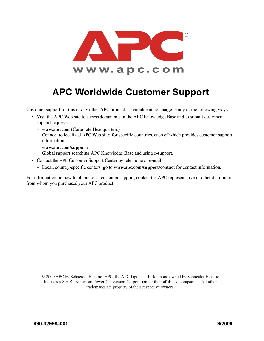 APC ACPDX21-86, ACPCW40-150 manual APC Worldwide Customer Support, 990-3299A-001 2009 