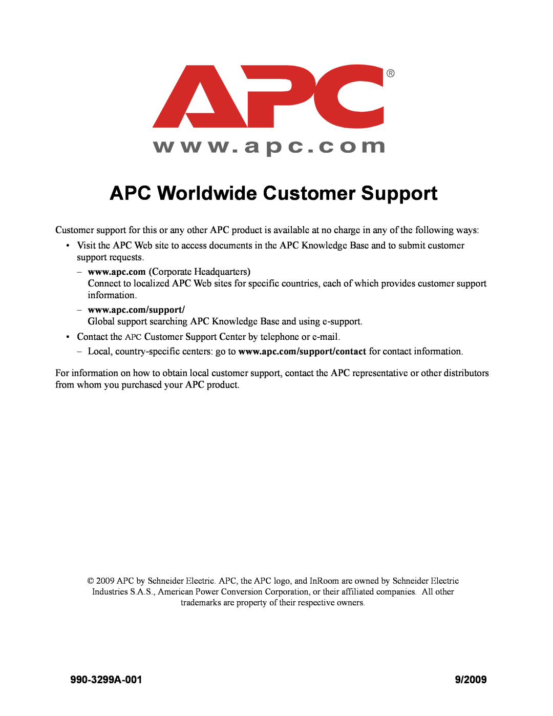 APC ACPDX21-86, ACPCW40-150 manual APC Worldwide Customer Support, 990-3299A-001, 9/2009 