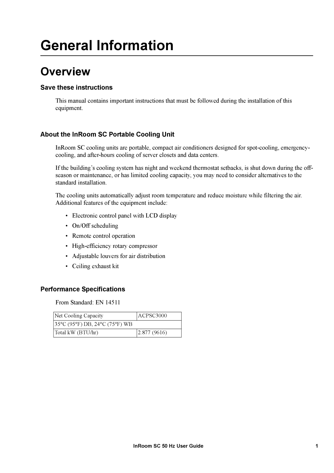 APC ACPSC3000 manual General Information, Overview, About the InRoom SC Portable Cooling Unit, Performance Specifications 