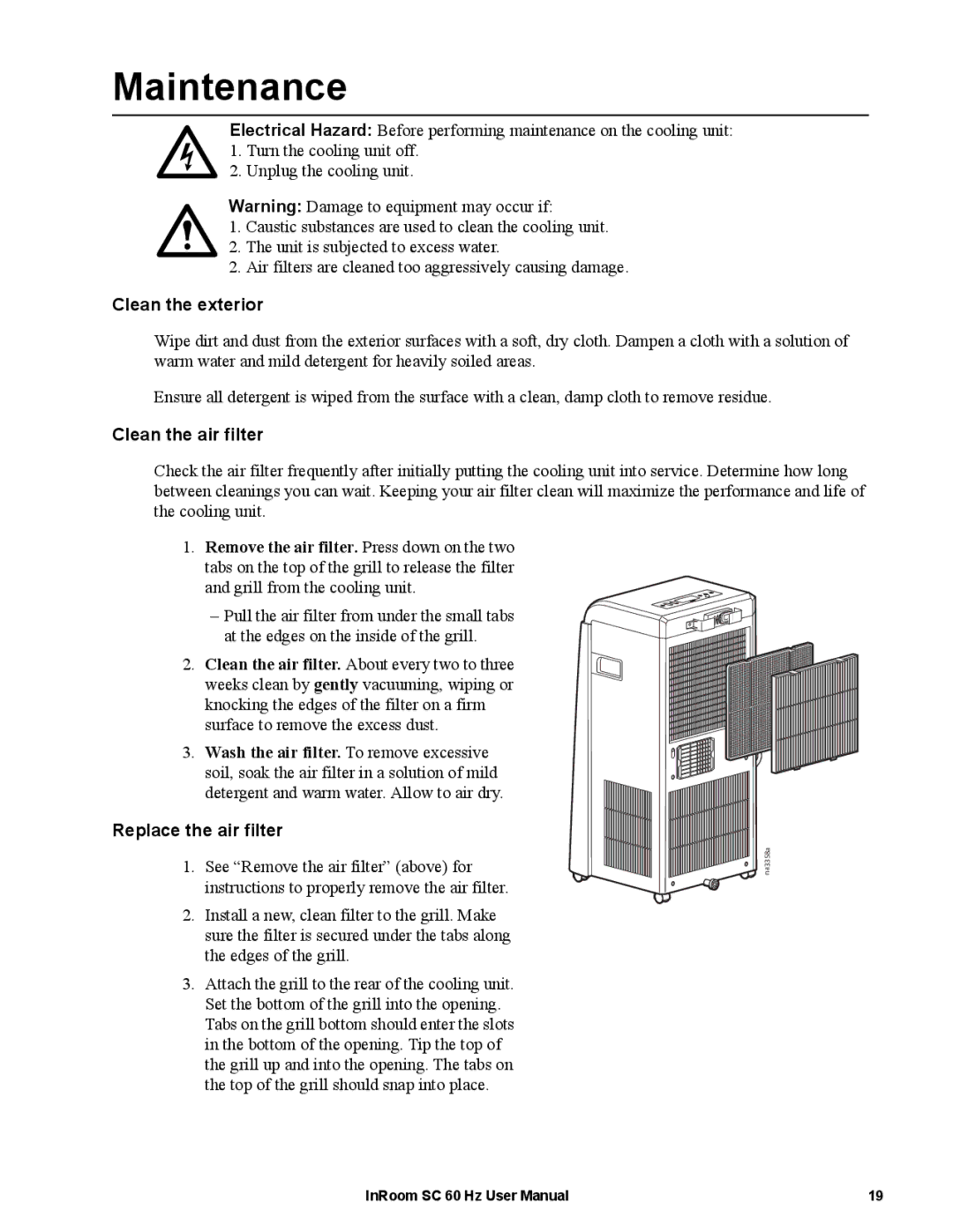 APC ACPSC2000, ACPSC3500 user manual Maintenance, Clean the exterior, Clean the air filter, Replace the air filter 