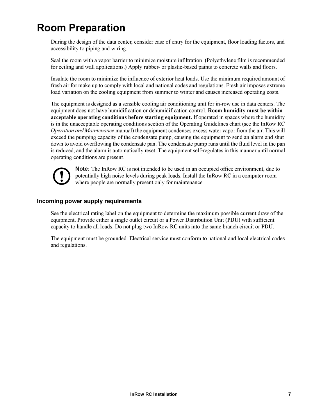 APC ACRC100, ACRC103 manual Room Preparation, Incoming power supply requirements 