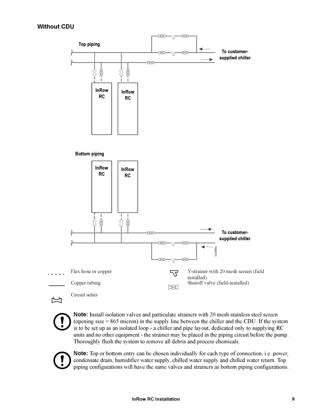 APC ACRC100, ACRC103 manual Without CDU, Top piping InRow Bottom piping To customer Supplied chiller 