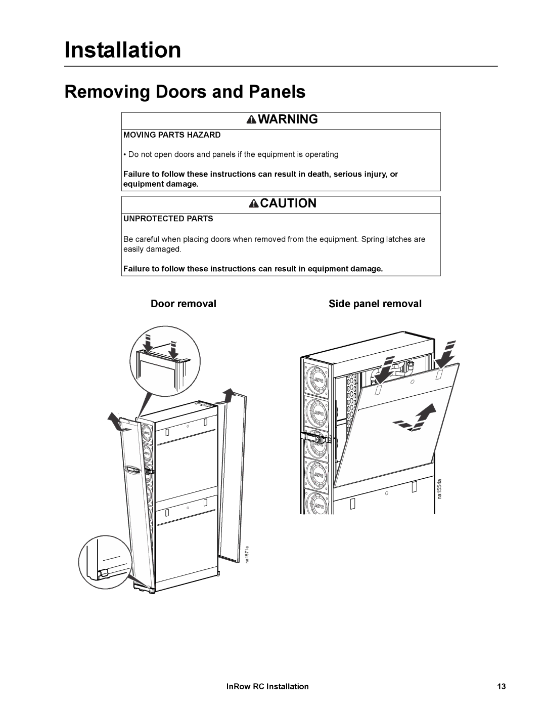 APC ACRC100, ACRC103 manual Removing Doors and Panels, Door removal Side panel removal 