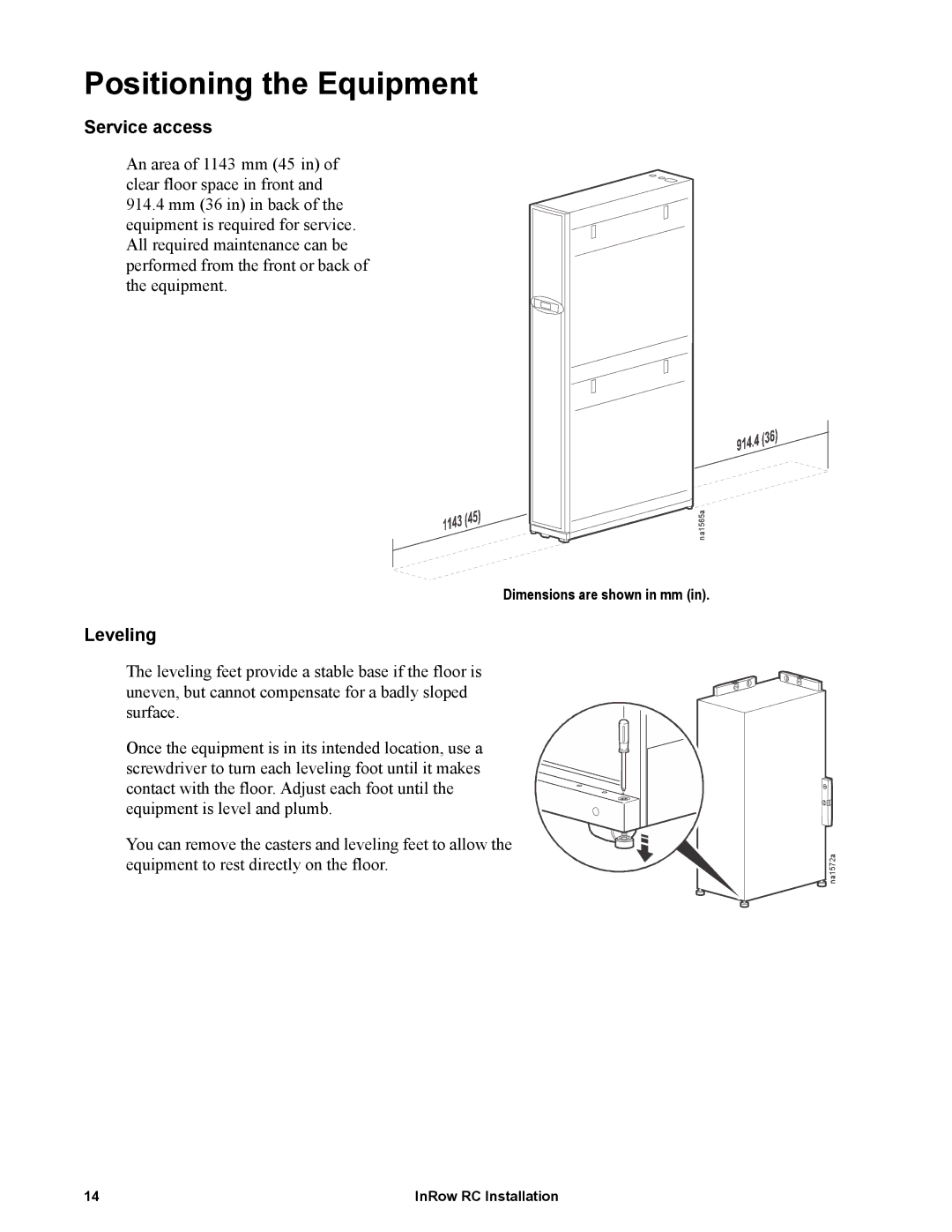 APC ACRC103, ACRC100 manual Positioning the Equipment, Service access, Leveling 