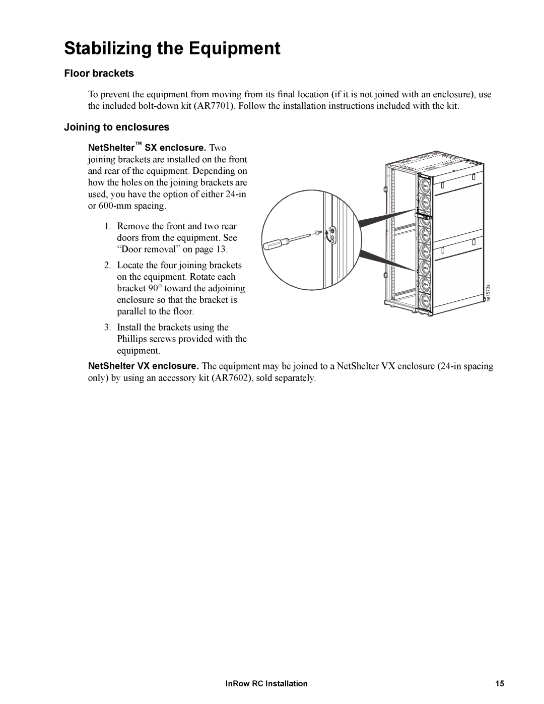 APC ACRC100, ACRC103 manual Stabilizing the Equipment, Floor brackets, Joining to enclosures 