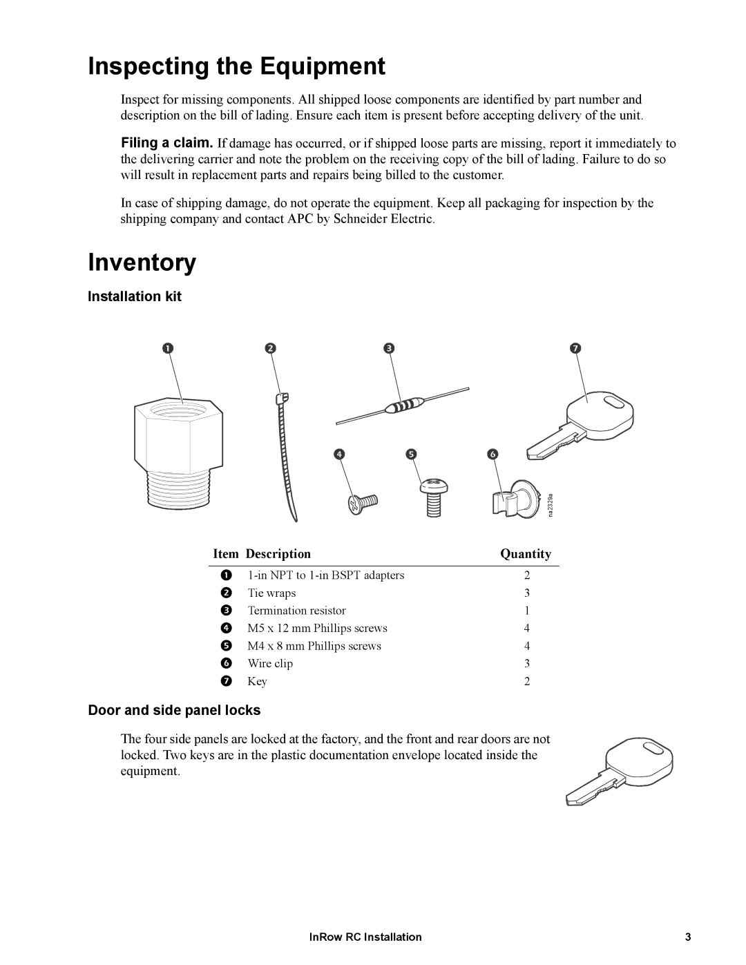 APC ACRC100, ACRC103 manual Inspecting the Equipment, Inventory, Installation kit, Door and side panel locks 