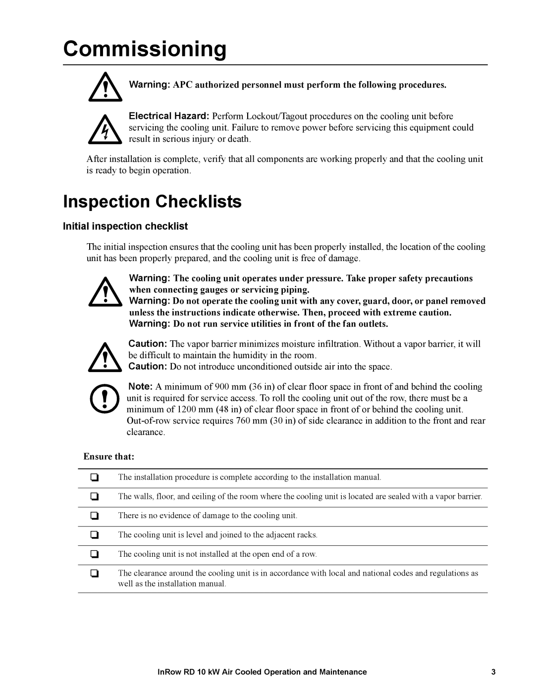 APC ACRD101, ACRD100 manual Inspection Checklists, Initial inspection checklist, Ensure that 