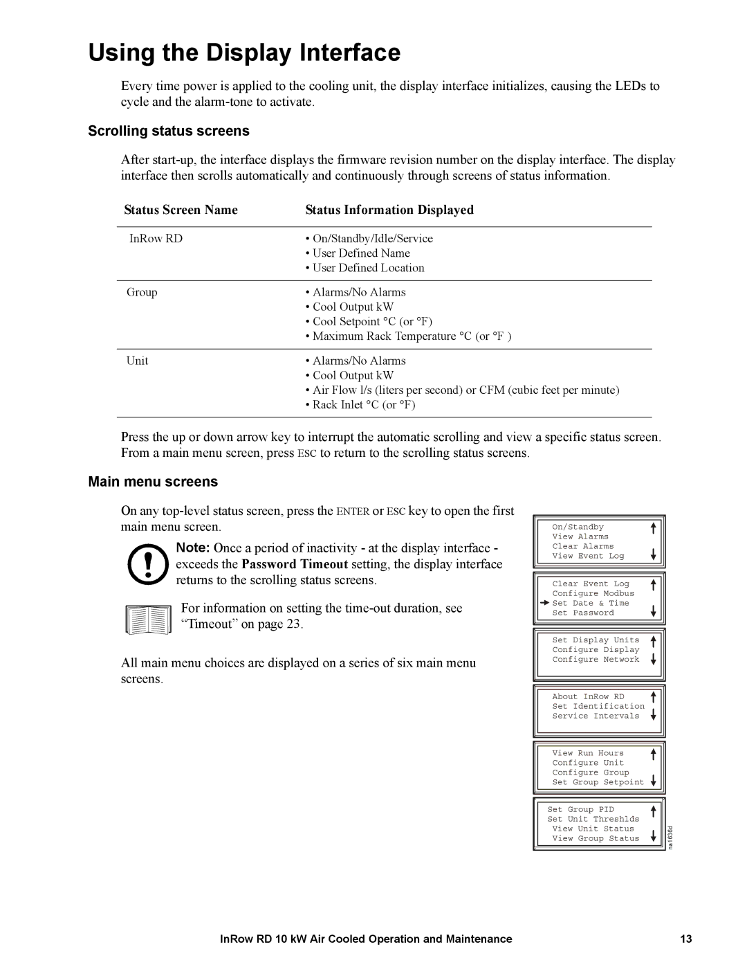 APC ACRD101 manual Using the Display Interface, Scrolling status screens, Status Screen Name Status Information Displayed 