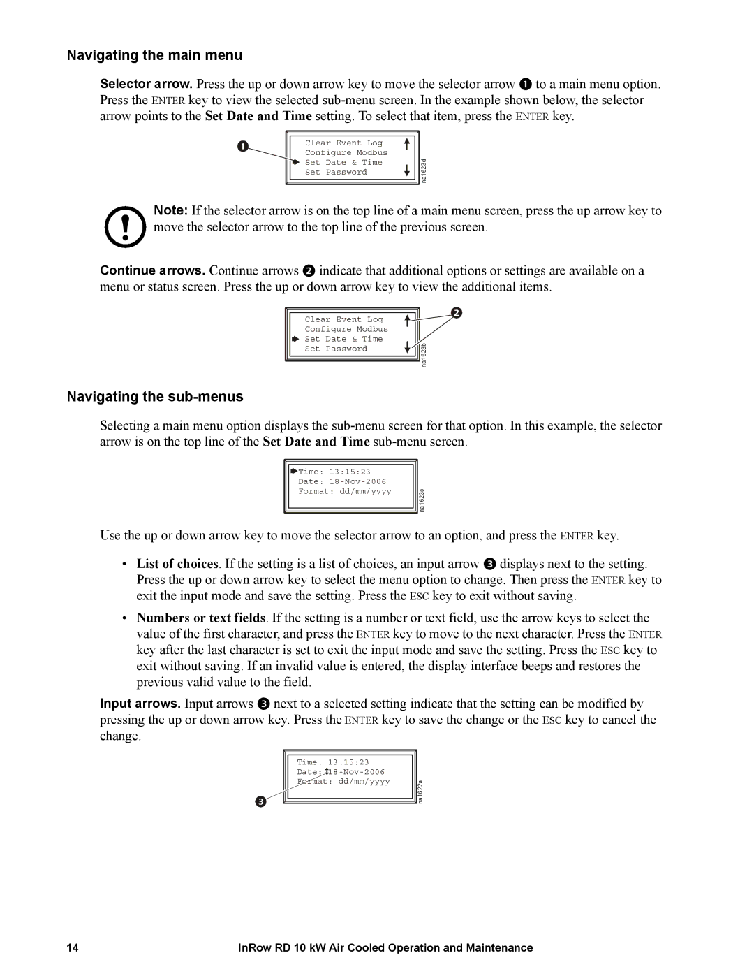 APC ACRD100, ACRD101 manual Navigating the main menu, Navigating the sub-menus 