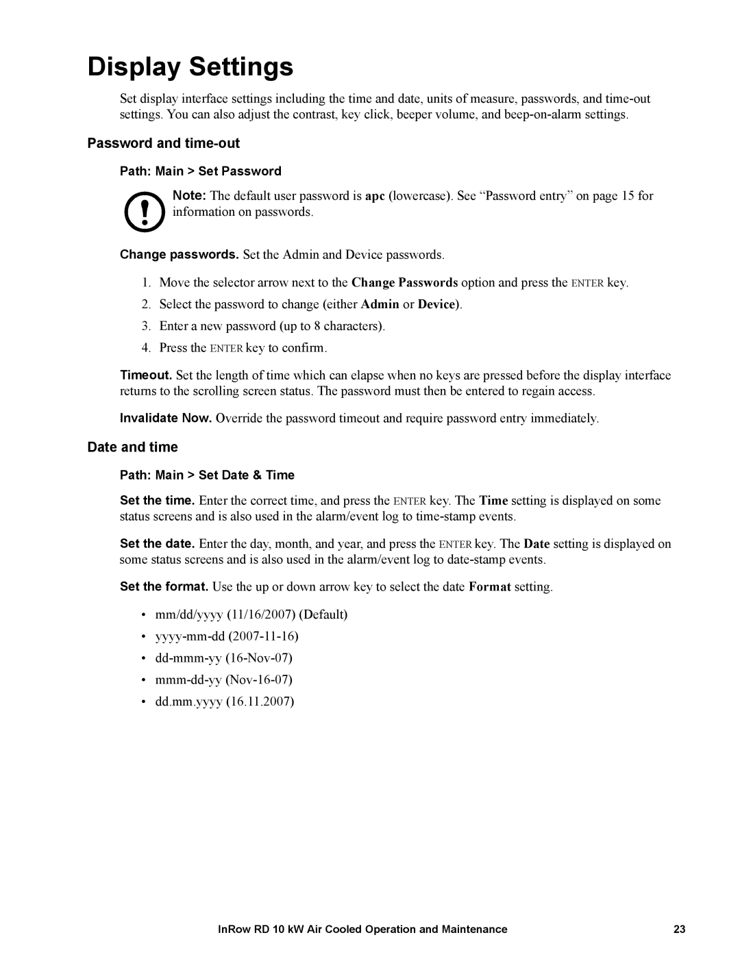 APC ACRD101, ACRD100 manual Password and time-out, Date and time 