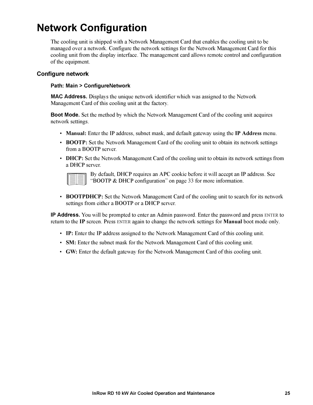 APC ACRD101, ACRD100 manual Network Configuration, Configure network 